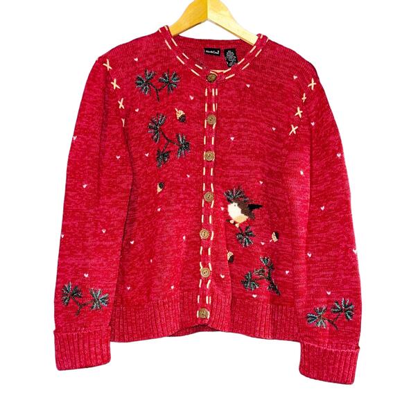 Northcrest Sweater Cardigan Bird Embroidered with Lambs Wool Size Medium Winter - Picture 1 of 7